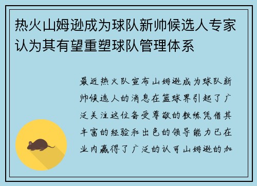 热火山姆逊成为球队新帅候选人专家认为其有望重塑球队管理体系
